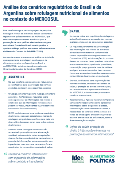 Análise dos cenários regulatórios do Brasil e da Argentina sobre rotulagem nutricional de alimentos no contexto do MERCOSUL